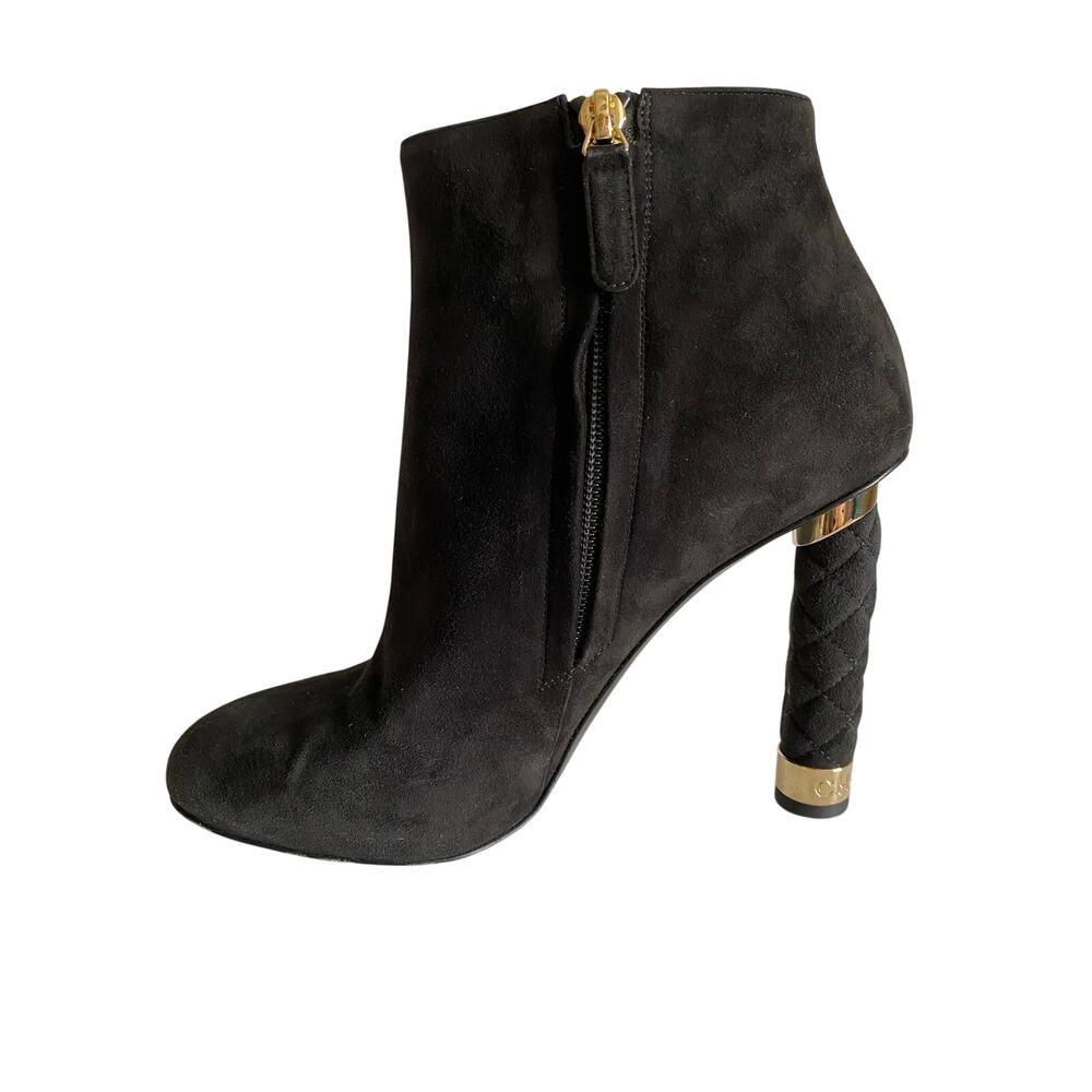Chanel Black Suede Ankle Boots Quilted Heel CC Gold Cap 39 - Picture 5 of 15